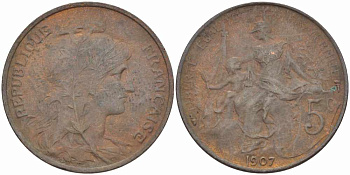 ФРАНЦИЯ 5 САНТИМОВ 1907 ТИП ДАНИЭЛЬ ДЮПЮИ KM 842, LE FRANC 119.17 бронза 108-853