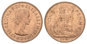 Великобритания 1 пенни 1967 Елизавета II (1952-2022) KM 897, Spink 4157 бронза UNC 4661-936