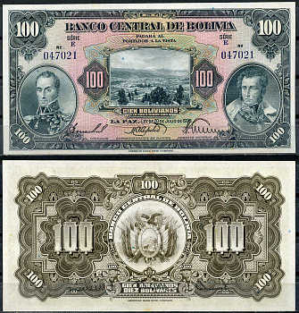 Боливия 100 боливиано 1928 серия E, Симон Боливар и Антонио Хосе Сукре Pick 125 a (5)  бумага  UNC (пресс) 451-52-1
