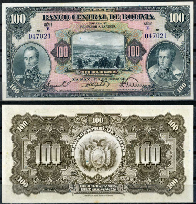 Боливия 100 боливиано 1928 серия E, Симон Боливар и Антонио Хосе Сукре Pick 125 a (5)  бумага  UNC (пресс) 451-52-1
