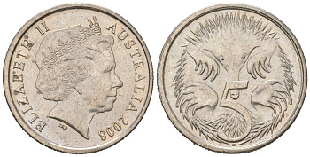 Австралия 5 центов 2008 ехидна, Елизавета II (1952-2022) KM 401 медно-никель aUNC 4618-715