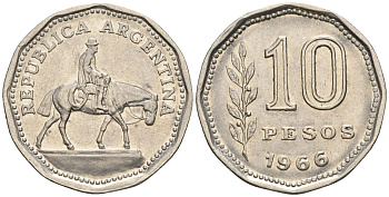 Аргентина 10 песо 1966 Гаучо KM 60, Schon 60, CJ 285 никелированная сталь    60-944
