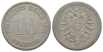 Германия 10 пфеннигов 1874 А, старогербовка, KM 4, J. 4 медно-никель 4364-2815