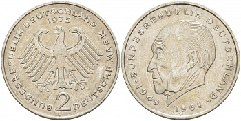 ФРГ 2 МАРКИ 1975 J, КОНРАД АДЕНАУЭР KM 124, J. 406 медно-никель плакированный никелем 3718-1117