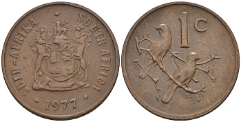 ЮАР 1 ЦЕНТ 1977 ГЕРБ, КАПСКИЕ ВОРОБЬИ KM 82 бронза 4588-1258