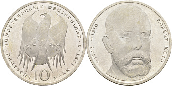 ФРГ 10 марок 1993 J, 150 лет со дня рождения Роберта Коха KM 181 серебро UNC 4593-843