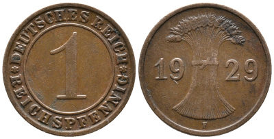 ГЕРМАНИЯ 1 РЕЙХСПФЕННИГ 1929 F KM 37, J. 313 бронза 39-1012