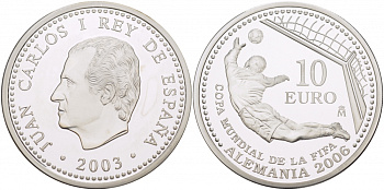 Испания 10 евро 2003 чемпионат мира по футболу в Германии 2006, вратарь, гол KM 1076 серебро PROOF 01-163-15