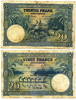 Бельгийское Конго 20 франков 1948 10 августа 1948 Pick 15F бумага 451-266-1