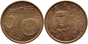 Франция 5 евроцентов 2002 KM 1284 сталь плакированная медью 4390-1243