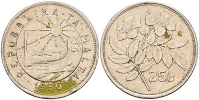 Мальта 25 центов 1986 шиповник вечнозелёный KM 80 медно-никель 4586-1247