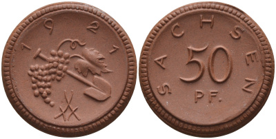 Саксония 50 пфеннигов 1921 виноград и лопата J. N 54 фарфор 1094-5-22