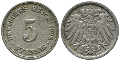 Германия 5 пфеннигов 1908 A KM 11, Jager 12, Weege 6 медно-никельь 39-935