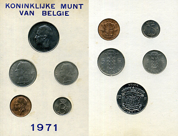 Бельгия набор из 5 монет (25 и 50 сантимов; 1, 5 и 10 франков) 1971 Belgie, в оригинальном буклете мондвора KM SS3 (135.1, 143.1, 149.1, 154.1 и 156.1) UNC 8-2-05-78