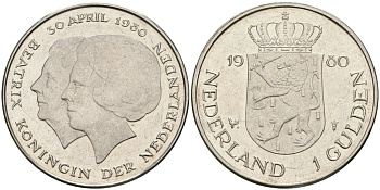 Нидерланды 1 гульден 1980 на коронацию Беатрикс, 30 апреля 1980 KM 200 никель 4579-354