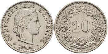 ШВЕЙЦАРИЯ 20 РАППЕНОВ 1944 В KM 29а медно-никель 31-1225