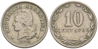 Аргентина 10 сентаво 1938 голова свободы влево KM 35, CJ 125, Schon 38 медно-никель    4609-1143