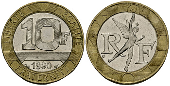 Франция 10 франков 1990 тип Гений Бастилии KM 964.1, Le Frank 375.5 биметалл 4135-544
