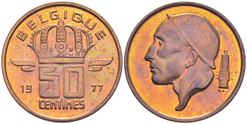 БЕЛЬГИЯ 50 САНТИМОВ 1977 BELGIQUE, БОДУЭН I (1951-1993) KM 148.1 бронза 214-639