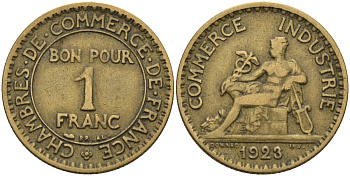 Франция 1 франк 1923 KM 876, Le Franc 218.5 алюминиевая бронза 4142-656