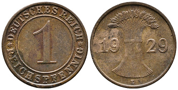 ГЕРМАНИЯ 1 РЕЙХСПФЕННИГ 1929 E KM 37, J. 313 бронза 39-1022