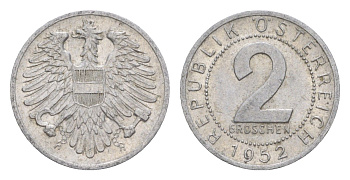 Австрия 2 гроша 1952 KM 2876 алюминий 4564-638