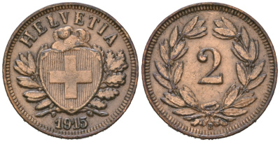 Швейцария 2 раппена 1915 B KM 4 бронза 35-153