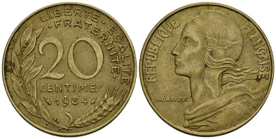 Франция 20 сантимов 1984 тип Marianne KM 930, Le Franс 156.24 алюминиевая бронза 4138-511