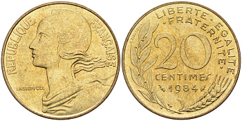 Франция 20 сантимов 1984 тип Marianne KM 930, Le Franс 156.24 медь алюминий никель 4116-537