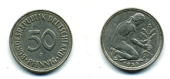 ФРГ 50 ПФЕННИГОВ 1950 J KM 109.1, J. 384 медно-никель 25-1835