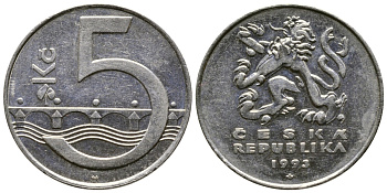 Чехия 5 крон 1993 чешский лев, Карлов мост KM 8 сталь плакированная никелем 4364-4442