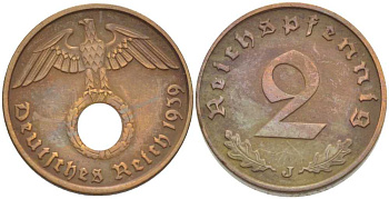ГЕРМАНИЯ 2 РЕЙХСПФЕННИГА 1939 J KM 90, J. 362 бронза 261-1031