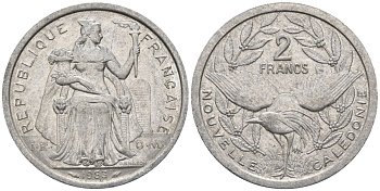 Французская Новая Каледония 2 франка 1983 птица кагу, (IEOM) KM 14, Schoen 11, Lec 63 алюминий    27-951