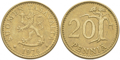 ФИНЛЯНДИЯ 20 ПЕННИ 1976 K KM 47 алюминиевая бронза 3718-627