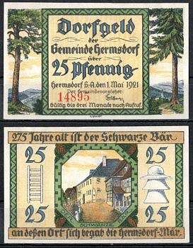 Хермсдорф (Тюрингия) 25 пфеннигов 1921 DeNG 1/2 600.1 1/4 бумага UNC (пресс) 7555-18-1-1