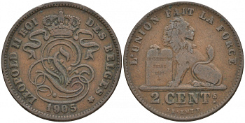 БЕЛЬГИЯ 2 САНТИМА 1905 BELGES KM 35.1 медь 68-726