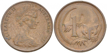 АВСТРАЛИЯ 1 ЦЕНТ 1971 ЕЛИЗАВЕТА II, МОЛОДОЙ ПОРТРЕТ, ОПОССУМ КМ 62 бронза 3851-1111