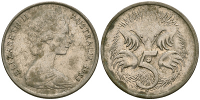 Австралия 5 центов 1983 Елизавета II (1952- ), ехидна KM 64 медно-никель 4608-822