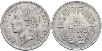 Франция 5 франков 1949 тип Лаврийе KM 888b.1, LE FRANC 339.17 алюминий 111-1125