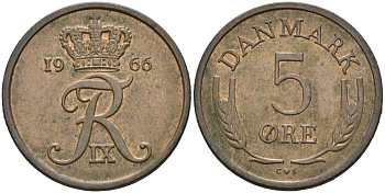 Дания 5 эре 1966 Фредерик IX (1947-1972) KM 848 бронза 4571-331