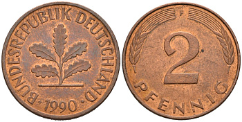 ФРГ 2 ПФЕННИГА 1990 F КМ 106а, J. 381а сталь плакированная медью 4567-543