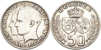 Бельгия 50 франков 1960 БОДУЭН I (1951-1983), КОРОЛЕВСКАЯ СВАДЬБА KM 152.1 серебро 4111-314