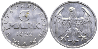ГЕРМАНИЯ 3 МАРКИ 1922 А KM 28, J. 302 алюминий 4380-711