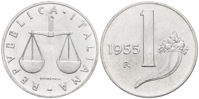 Италия 1 лира 1955 R, весы KM 91 алюминий  UNC  4594-741
