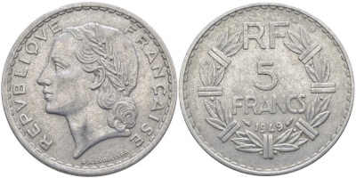 Франция 5 франков 1949 тип Лаврийе KM 888b.1, LE FRANC 339.17 алюминий 111-1125