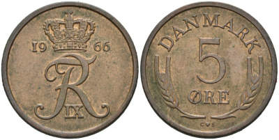 Дания 5 эре 1966 C; S, Фредерик IX (1947-1972) KM 848.1 бронза 4571-331