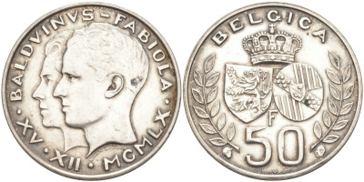 Бельгия 50 франков 1960 БОДУЭН I (1951-1983), КОРОЛЕВСКАЯ СВАДЬБА KM 152.1 серебро 4111-314