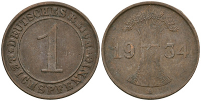Германия 1 рейхспфенниг 1934 A KM 37, J. 313 бронза 4189-1247