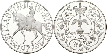 Великобритания 25 пенсов 1977 25 лет со дня коронации Елизаветы, в оригинальной коробке с сертификатом, Елизавета II (1952-2022) KM 920а, Spink 4227 серебро PROOF 00-00