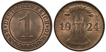 Германия 1 рентенпфенниг 1924 J KM 30, J. 306 бронза UNC 00-00